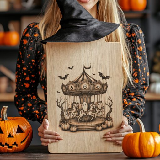 Archivo de grabado para tabla de charcutería de Halloween, Diseño de Carrusel de Fantasmas a la luz de la luna - Imagen 3