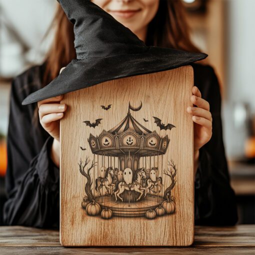 Archivo de grabado para tabla de charcutería de Halloween, Diseño de Carrusel de Fantasmas a la luz de la luna - Imagen 4