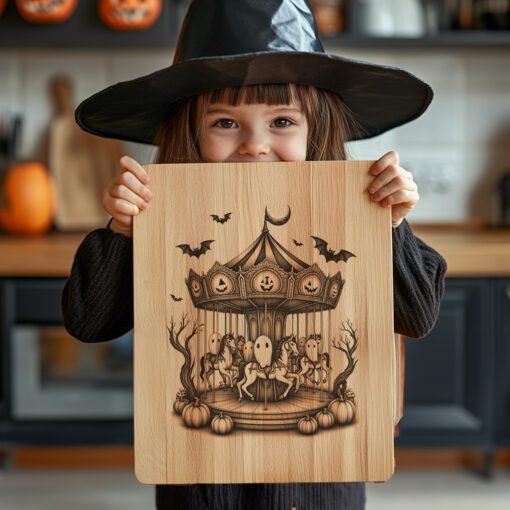 Archivo de grabado para tabla de charcutería de Halloween, Diseño de Carrusel de Fantasmas a la luz de la luna - Imagen 6