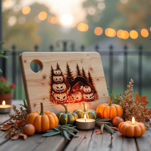 Archivo de grabado para tabla de charcutería de Halloween, diseño de borde con calabazas y gatos negros - Imagen 2
