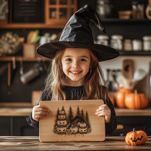 Archivo de grabado para tabla de charcutería de Halloween, diseño de borde con calabazas y gatos negros - Imagen 3