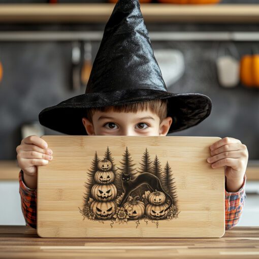 Archivo de grabado para tabla de charcutería de Halloween, diseño de borde con calabazas y gatos negros - Imagen 4