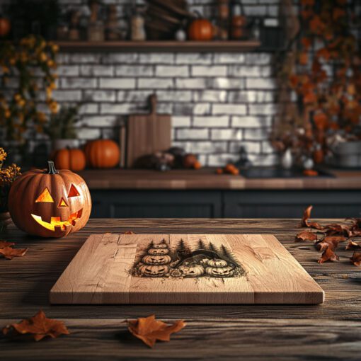 Archivo de grabado para tabla de charcutería de Halloween, diseño de borde con calabazas y gatos negros - Imagen 5