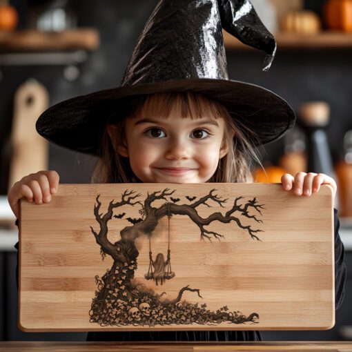 Archivo de grabado para tabla de charcutería de Halloween, Diseño láser de columpio de esqueleto espeluznante - Imagen 3