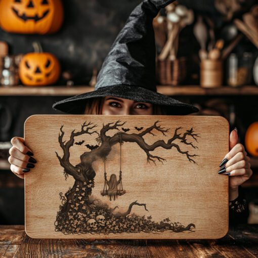 Archivo de grabado para tabla de charcutería de Halloween, Diseño láser de columpio de esqueleto espeluznante - Imagen 4