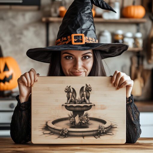 Archivo de grabado para tabla de embutidos de Halloween, Diseño de fuentes gemelas de gárgolas, Decoración para fiestas. - Imagen 2