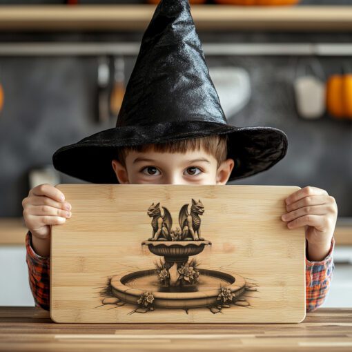 Archivo de grabado para tabla de embutidos de Halloween, Diseño de fuentes gemelas de gárgolas, Decoración para fiestas. - Imagen 4
