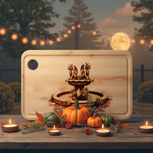 Archivo de grabado para tabla de embutidos de Halloween, Diseño de fuentes gemelas de gárgolas, Decoración para fiestas. - Imagen 5