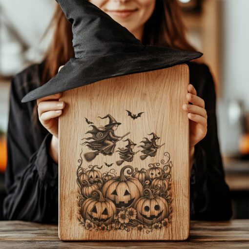 Archivo de grabado para tabla de charcutería de Halloween, Aquelarre de brujas, Diseño de huerto de calabazas - Imagen 2