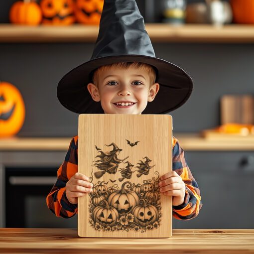 Archivo de grabado para tabla de charcutería de Halloween, Aquelarre de brujas, Diseño de huerto de calabazas - Imagen 4