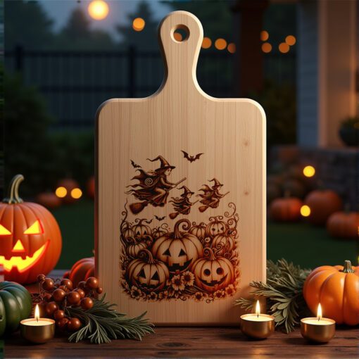 Archivo de grabado para tabla de charcutería de Halloween, Aquelarre de brujas, Diseño de huerto de calabazas - Imagen 5