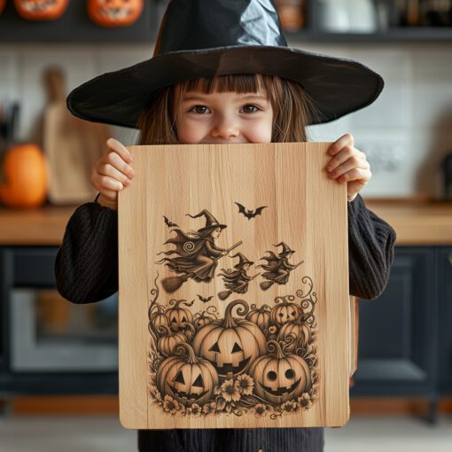 Archivo de grabado para tabla de charcutería de Halloween, Aquelarre de brujas, Diseño de huerto de calabazas - Imagen 6