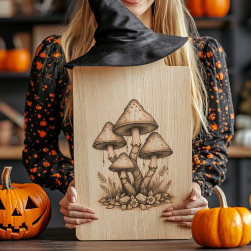Archivo de grabado para tabla de charcutería de Halloween, sombrero de bruja, diseño de racimo de hongos - Imagen 2
