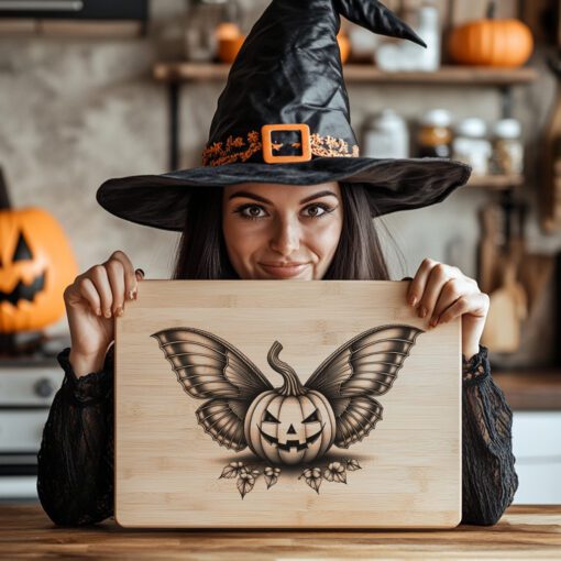 Diseño láser para tabla de charcutería de Halloween, Jack O'Lantern, decoración de ala de polilla - Imagen 2