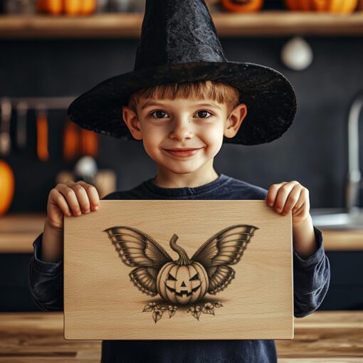 Diseño láser para tabla de charcutería de Halloween, Jack O'Lantern, decoración de ala de polilla - Imagen 3