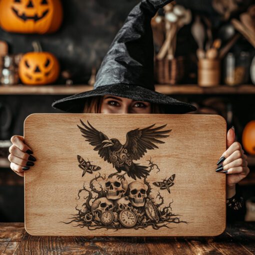 Fichier de gravure laser pour planche à charcuterie d'Halloween, motif de corbeau mécanique effrayant – Image 2