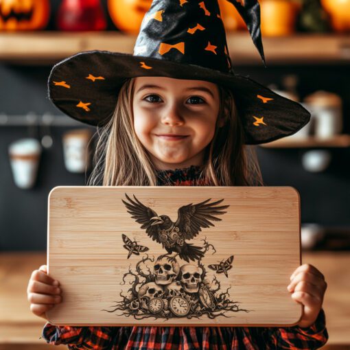 Fichier de gravure laser pour planche à charcuterie d'Halloween, motif de corbeau mécanique effrayant – Image 4