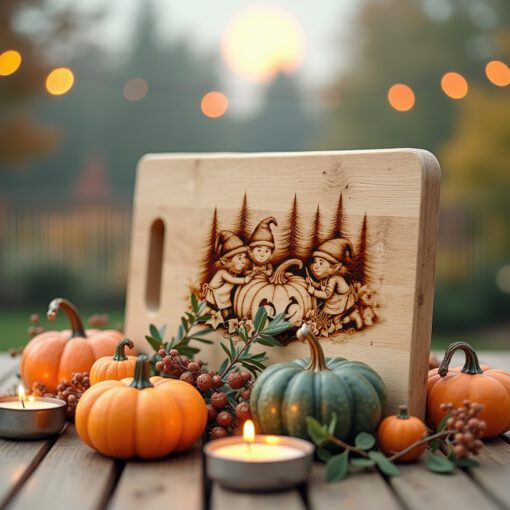 Archivo de grabado láser para tabla de embutidos de Halloween, Diseño de Linterna de Calabaza con Gnomo. - Imagen 3