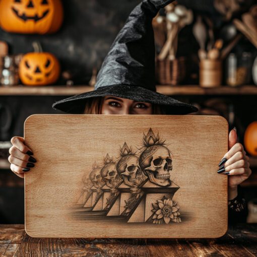 Archivo de Grabado Láser para Tabla de Embutidos de Halloween, Exhibidor de Pedestal de Calavera Ornamentada - Imagen 4