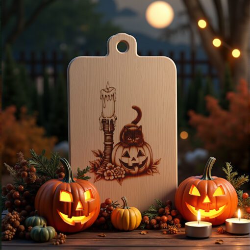 Archivo de grabado láser para tabla de embutidos de Halloween, diseño de vela de gato espeluznante. - Imagen 2