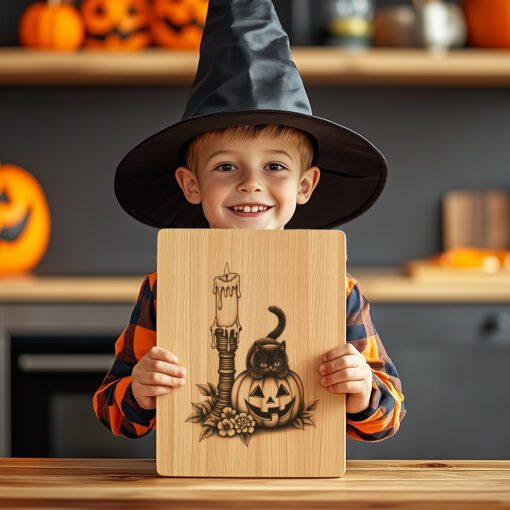 Archivo de grabado láser para tabla de embutidos de Halloween, diseño de vela de gato espeluznante. - Imagen 3