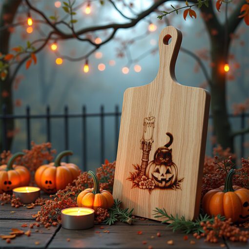 Archivo de grabado láser para tabla de embutidos de Halloween, diseño de vela de gato espeluznante. - Imagen 4