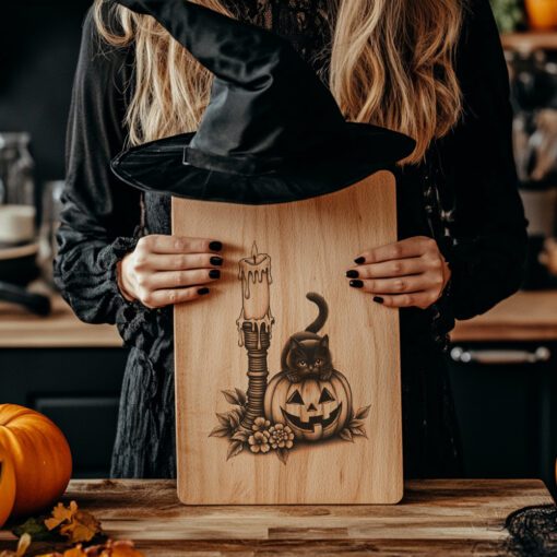 Archivo de grabado láser para tabla de embutidos de Halloween, diseño de vela de gato espeluznante. - Imagen 5