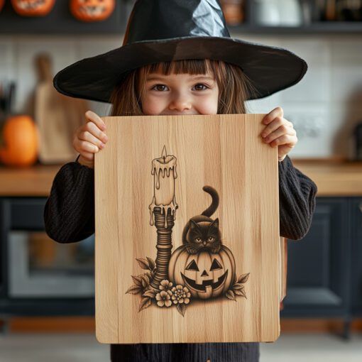 Archivo de grabado láser para tabla de embutidos de Halloween, diseño de vela de gato espeluznante. - Imagen 6