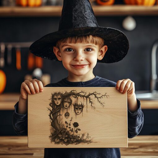 Archivo de Grabado Láser para Tabla de Embutidos de Halloween, Diseño de Jardín de Máscaras Espeluznantes - Imagen 2