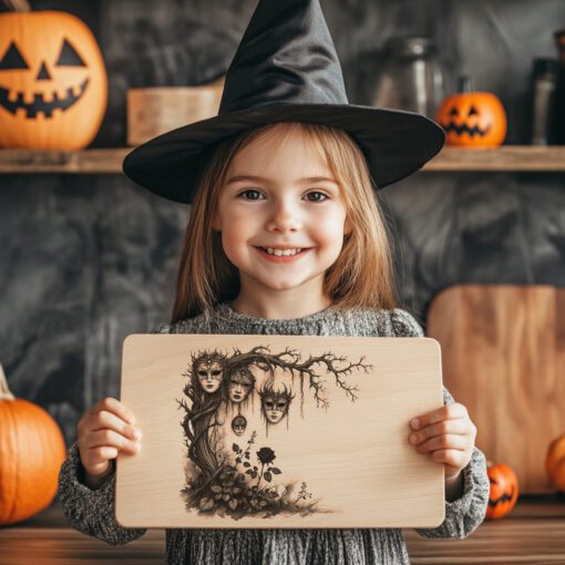 Archivo de Grabado Láser para Tabla de Embutidos de Halloween, Diseño de Jardín de Máscaras Espeluznantes - Imagen 3