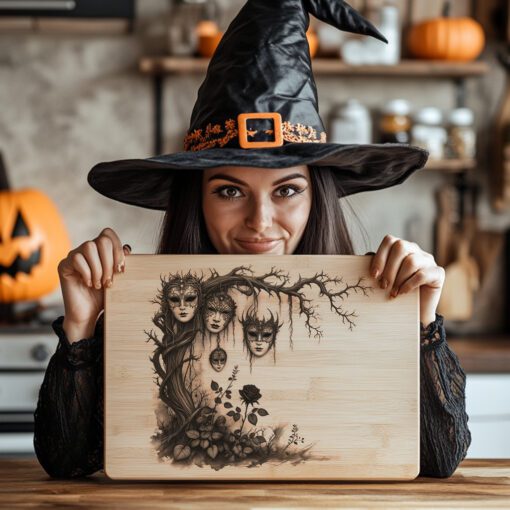 Archivo de Grabado Láser para Tabla de Embutidos de Halloween, Diseño de Jardín de Máscaras Espeluznantes - Imagen 5