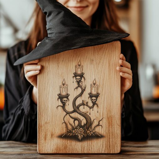 Archivo de Grabado Láser para Tabla de Charcutería de Halloween, Diseño de Candelabro Retorcido - Imagen 2