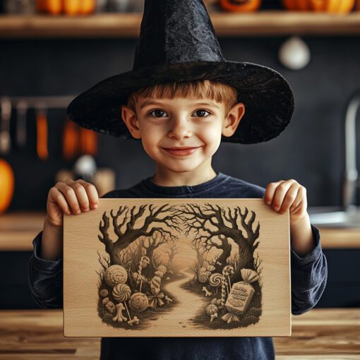 Archivo de grabado láser para tabla de charcutería de Halloween, diseño de camino retorcido de bosque de caramelos. - Imagen 2