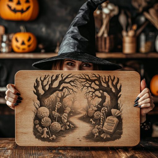 Archivo de grabado láser para tabla de charcutería de Halloween, diseño de camino retorcido de bosque de caramelos. - Imagen 3