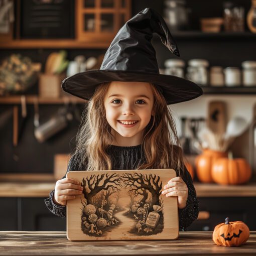 Archivo de grabado láser para tabla de charcutería de Halloween, diseño de camino retorcido de bosque de caramelos. - Imagen 4