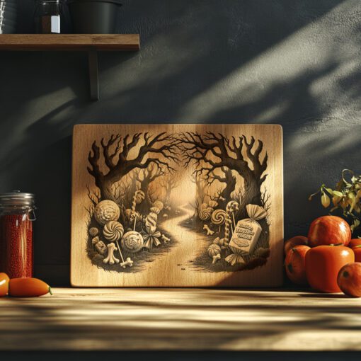 Archivo de grabado láser para tabla de charcutería de Halloween, diseño de camino retorcido de bosque de caramelos. - Imagen 5