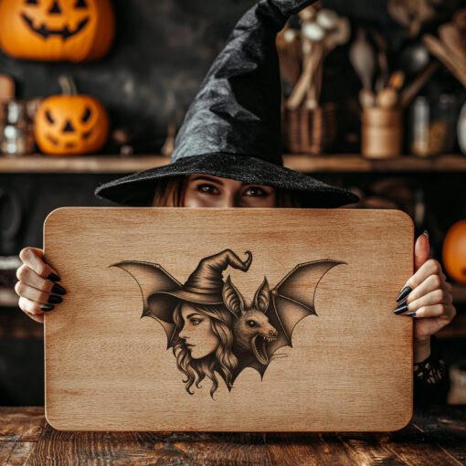 Fichier de Gravure Laser Planche de Charcuterie Halloween, Décor Silhouette Chauve-Souris Sorcière – Image 2