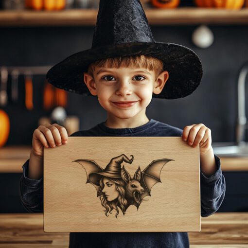 Fichier de Gravure Laser Planche de Charcuterie Halloween, Décor Silhouette Chauve-Souris Sorcière – Image 3