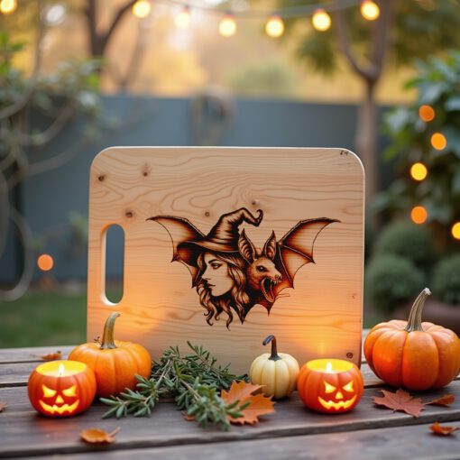 Fichier de Gravure Laser Planche de Charcuterie Halloween, Décor Silhouette Chauve-Souris Sorcière – Image 4