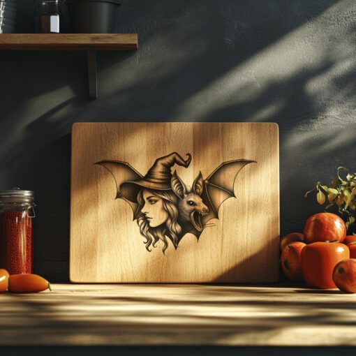 Fichier de Gravure Laser Planche de Charcuterie Halloween, Décor Silhouette Chauve-Souris Sorcière – Image 5