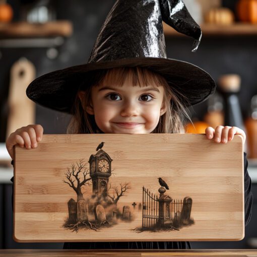 Halloween Charcuterie Board Laser File, Spooky Graveyard Clocktower