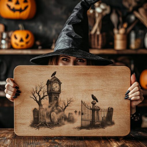 Halloween Charcuterie Board Laser File, Spooky Graveyard Clocktower