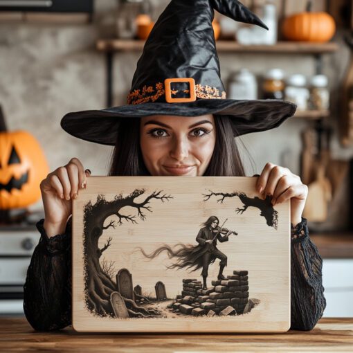 Archivo de grabado láser de violinista embrujado de Halloween para tabla de embutidos, decoración gótica. - Imagen 5