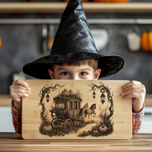 Diseño de grabado láser de Halloween para tabla de charcutería, tema de carroza de calabaza. - Imagen 2