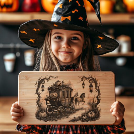Diseño de grabado láser de Halloween para tabla de charcutería, tema de carroza de calabaza. - Imagen 3