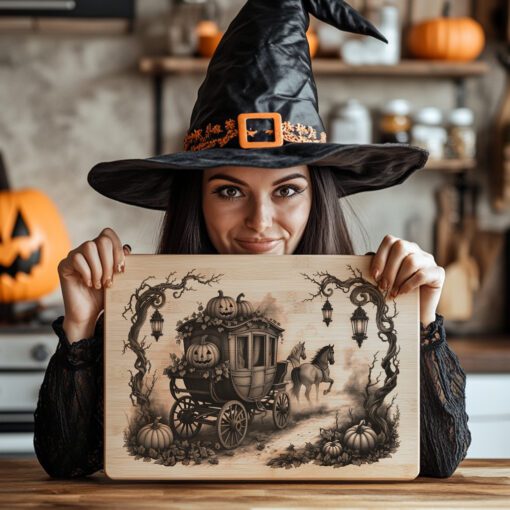 Diseño de grabado láser de Halloween para tabla de charcutería, tema de carroza de calabaza. - Imagen 4