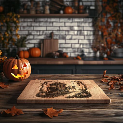 Diseño de grabado láser de Halloween para tabla de charcutería, tema de carroza de calabaza. - Imagen 5