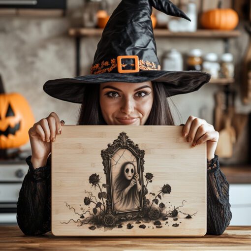 Archivo de Grabado Láser de Halloween, Patrón de Tabla de Charcutería de Espejo Maldito, Diseño Espeluznante - Imagen 3