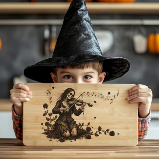Archivo de grabado láser de Halloween, arte gótico de violinista maldito para tabla de embutidos. - Imagen 2