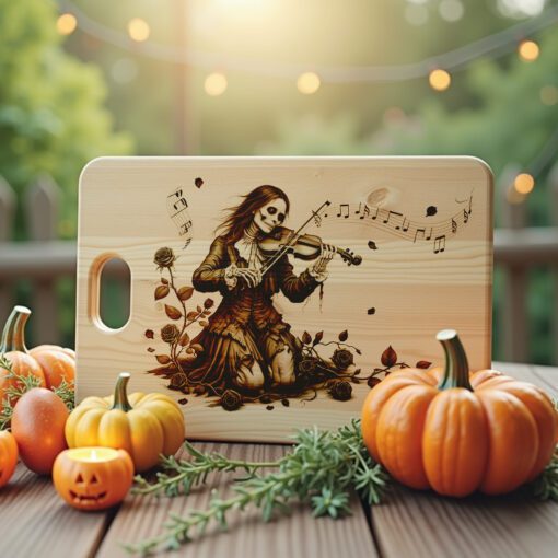 Archivo de grabado láser de Halloween, arte gótico de violinista maldito para tabla de embutidos. - Imagen 3